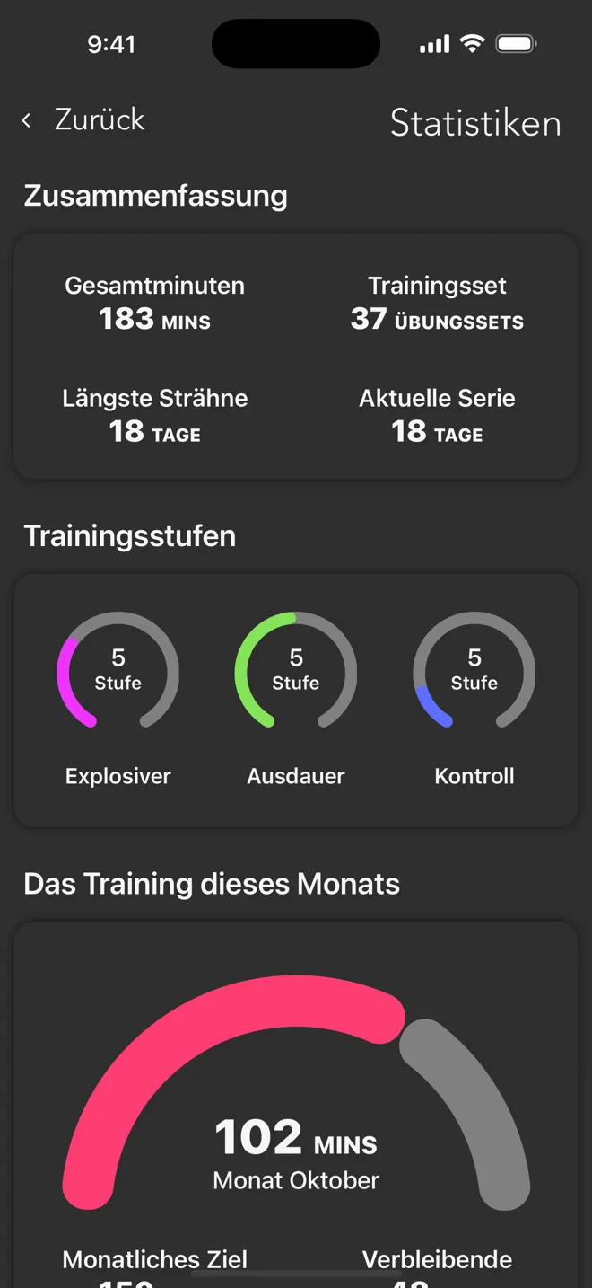 Statistik-Bildschirm der Rock-App mit Gesamtminuten, Gesamtsätzen, Serien und Trainingsstufen