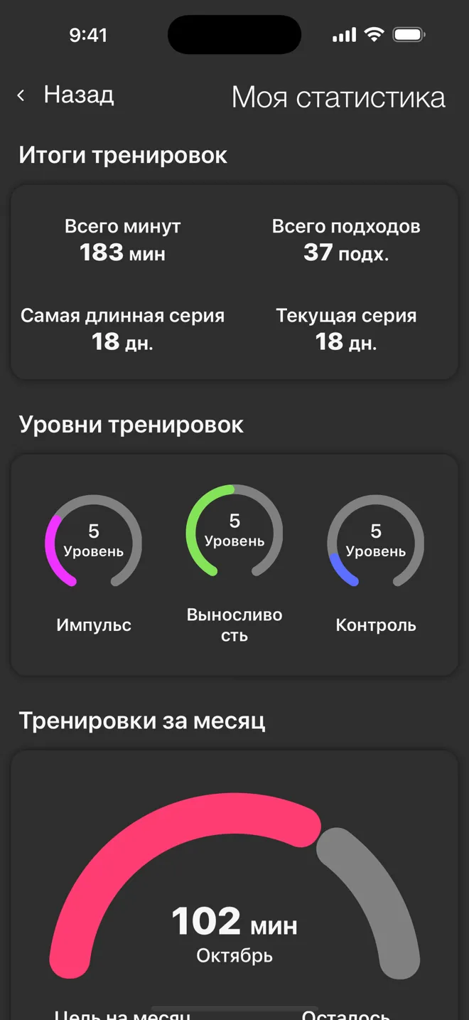 Экран «Моя статистика» в приложении Rock: всего минут, всего подходов, серии и уровни тренировок